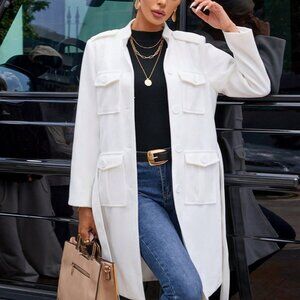 White Preppy Womens Flap Pocket Belted Overcoat